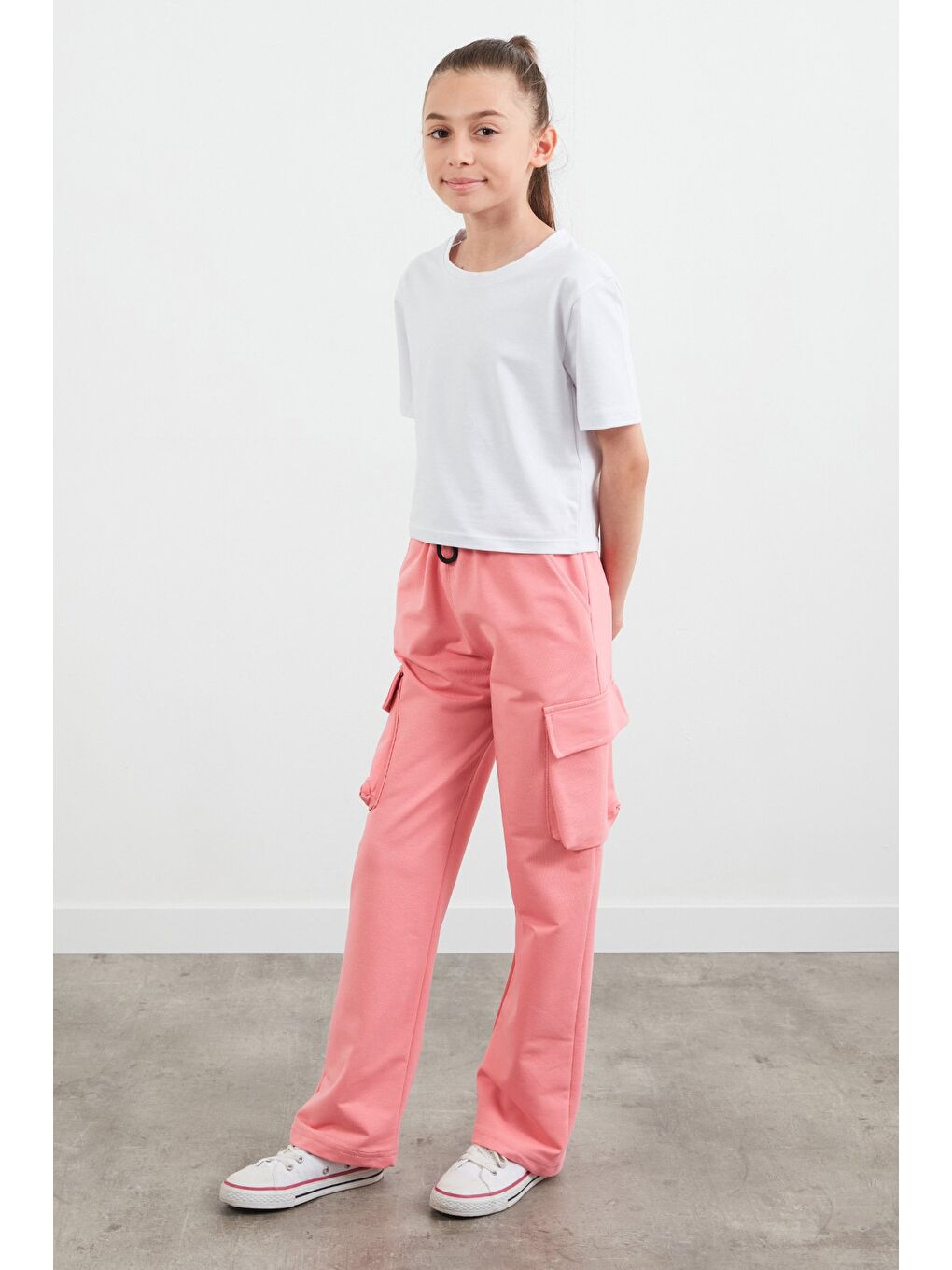 Pembe Beli Lastikli Kargo Cep Kız Çocuk Eşofman Altı-1