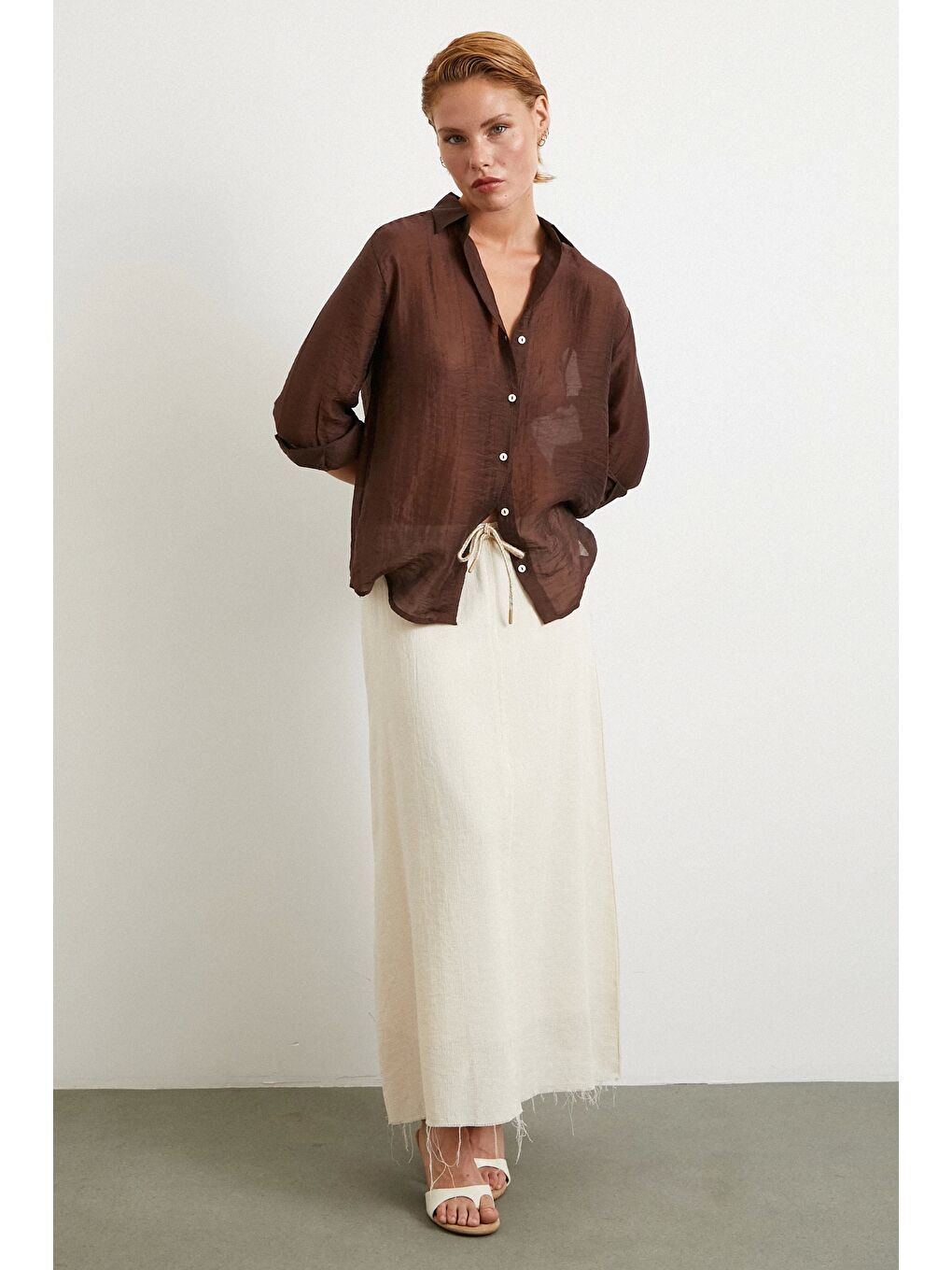 Ekru Beli Lastikli Astarlı Hasır Etek Krem-2