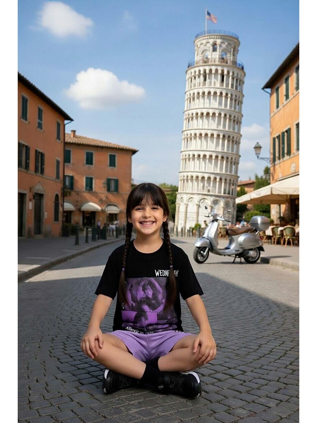 Kız Çocuk Üzeri Yazı ve Wednesday Karakter Baskılı T-Shirt Lila Şortlu Takım-1