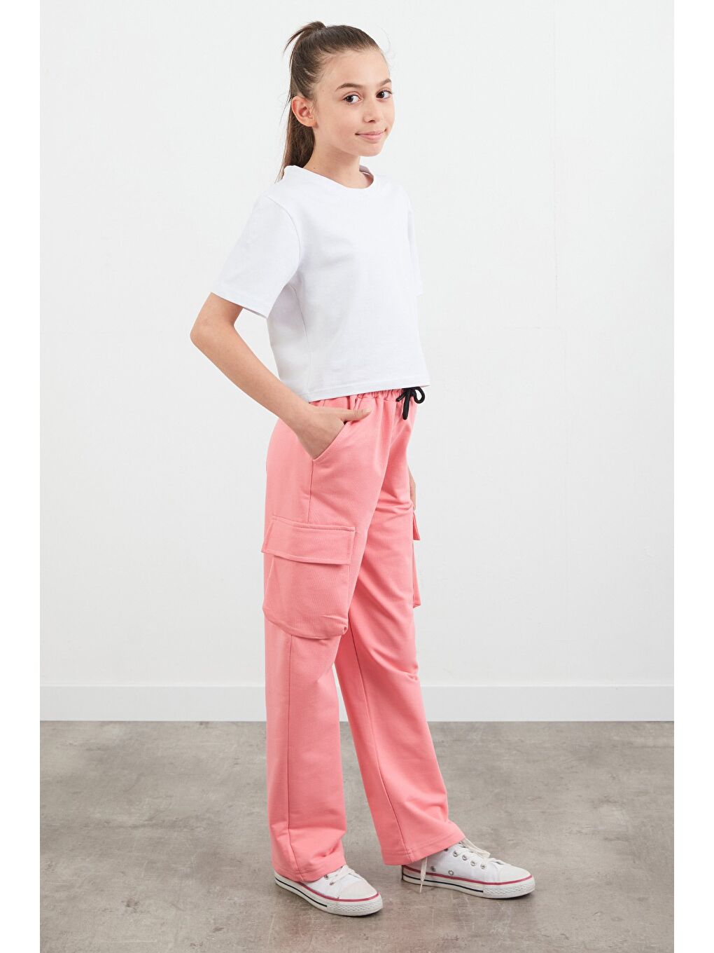 Pembe Beli Lastikli Kargo Cep Kız Çocuk Eşofman Altı-2