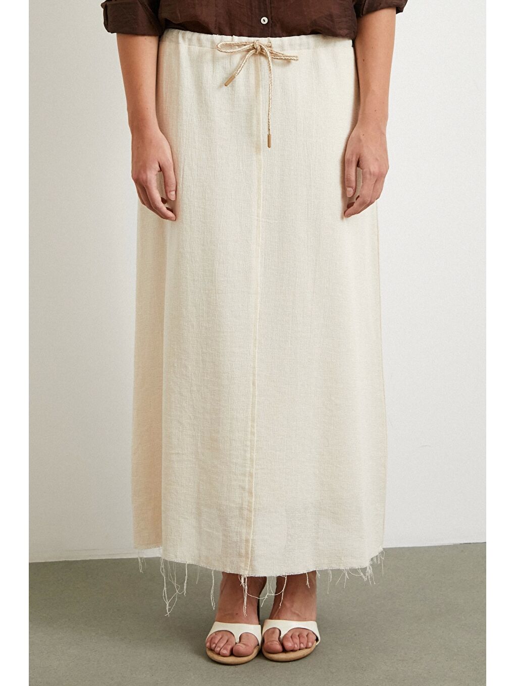 Ekru Beli Lastikli Astarlı Hasır Etek Krem-3