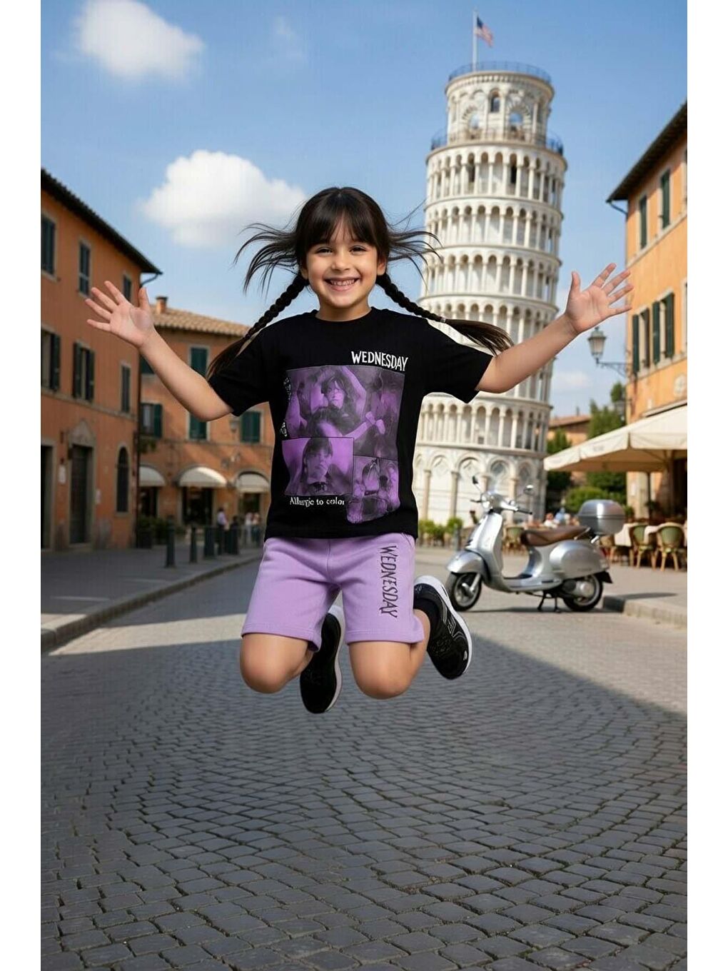 Kız Çocuk Üzeri Yazı ve Wednesday Karakter Baskılı T-Shirt Lila Şortlu Takım-2