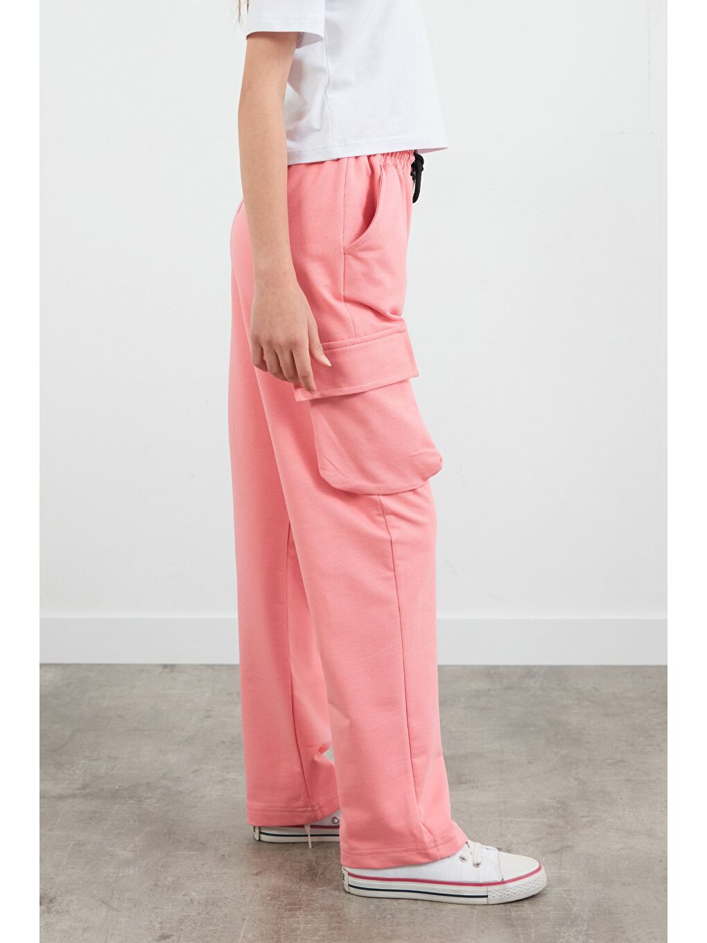 Pembe Beli Lastikli Kargo Cep Kız Çocuk Eşofman Altı-4