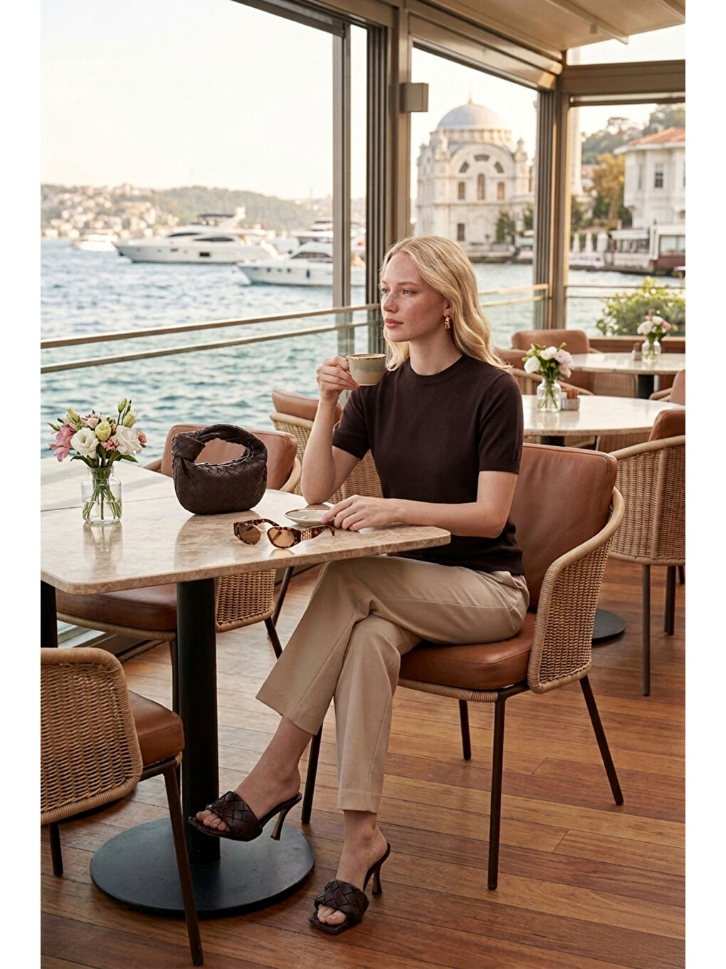 Kahverengi Yumuşak Dokulu Bisiklet Yaka Kısa Kollu Kadın Triko Bluz 4617054-1