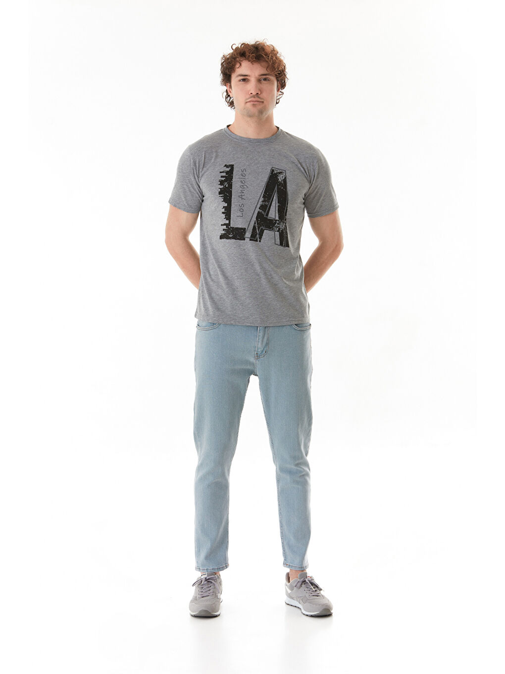Gri Los Angeles Yazı Baskılı Bisiklet Yaka %100 Pamuk Tişört-1
