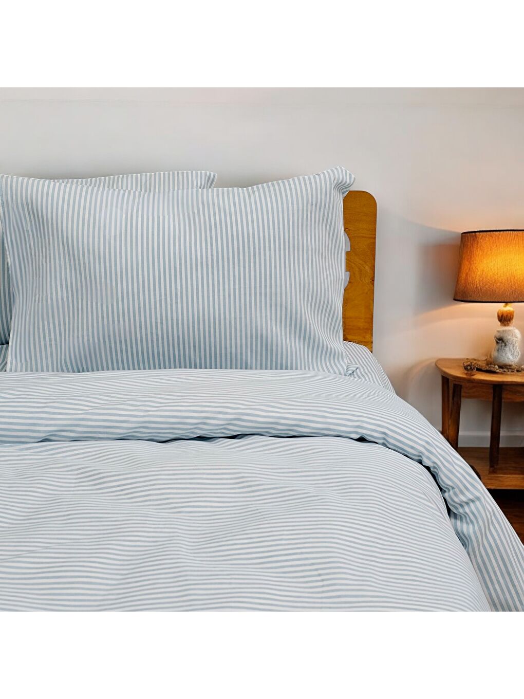 Karışık Tek Kişilik %100 Pamuk Düz İnce Çizgili Nevresim Takımı | Turkuaz Mavi & Beyaz | 3 Parça | Yumuşak D-2