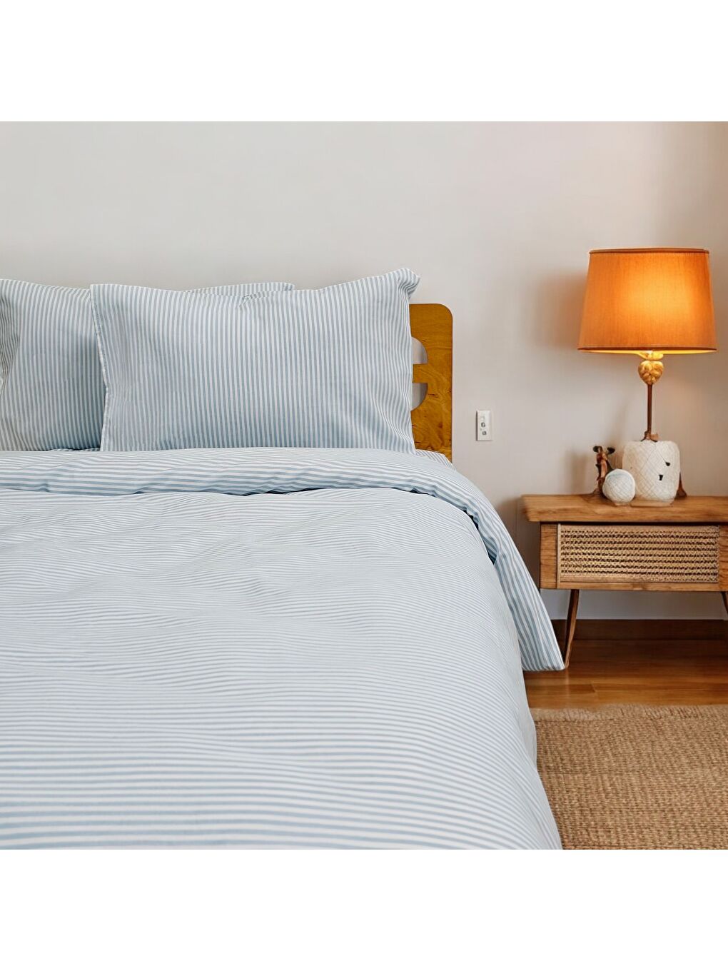 Karışık Tek Kişilik %100 Pamuk Düz İnce Çizgili Nevresim Takımı | Turkuaz Mavi & Beyaz | 3 Parça | Yumuşak D-3