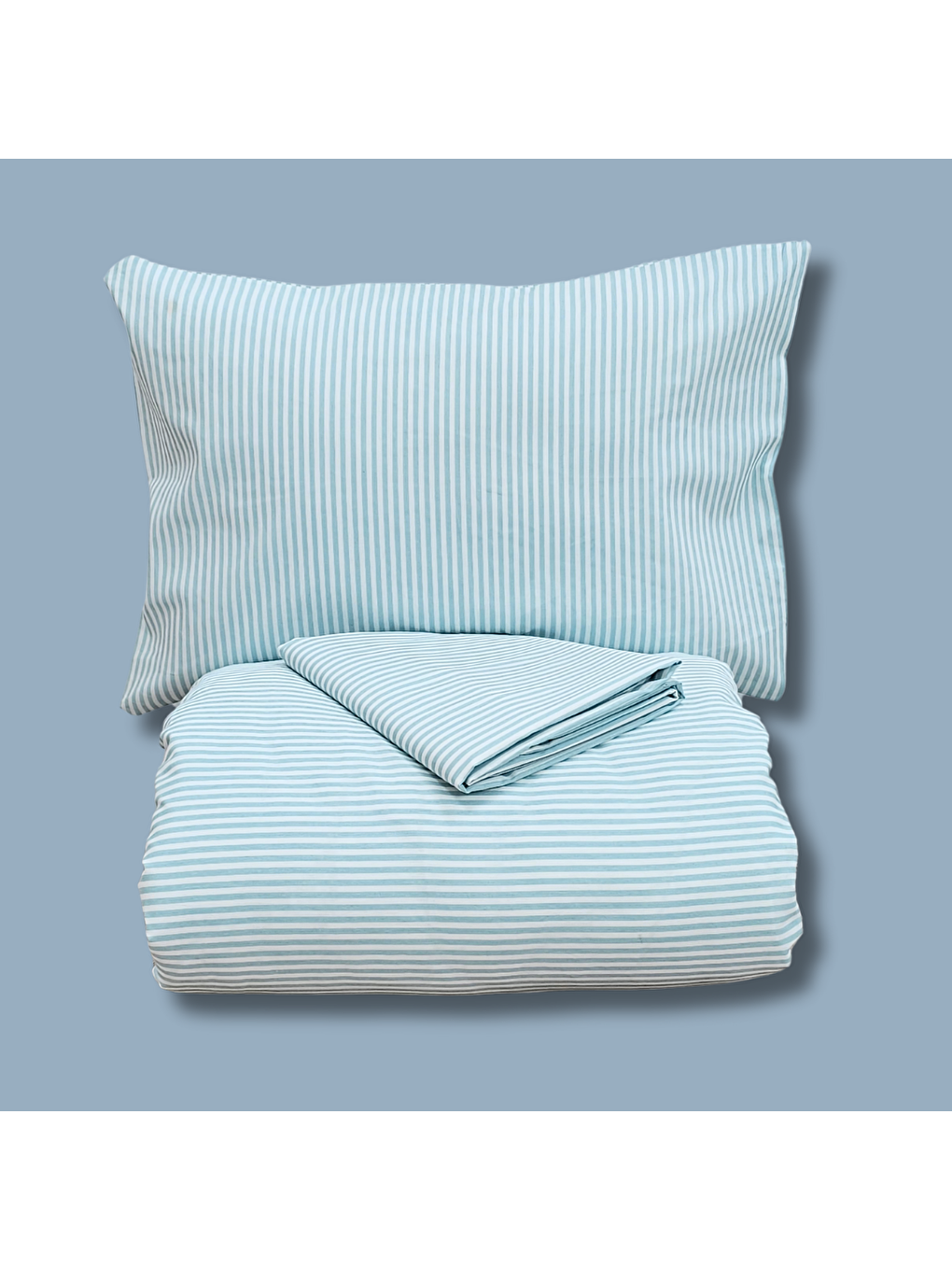 Karışık Tek Kişilik %100 Pamuk Düz İnce Çizgili Nevresim Takımı | Turkuaz Mavi & Beyaz | 3 Parça | Yumuşak D-4