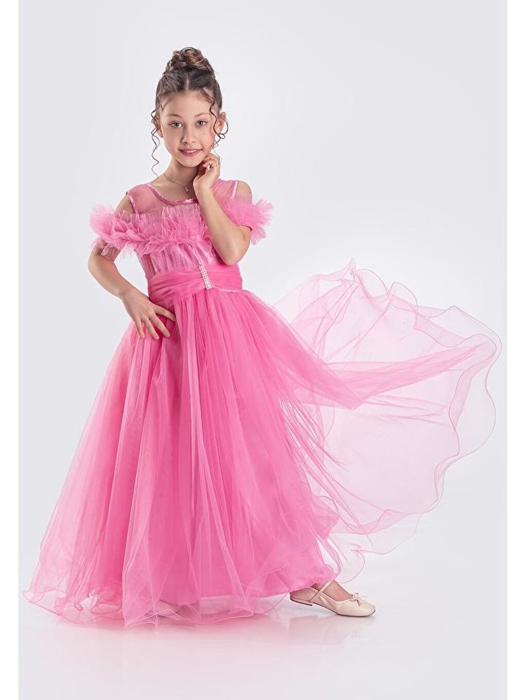 Fuşya Uzun Etek Kız Çocuk Robası Şifon Abiye M00723-5