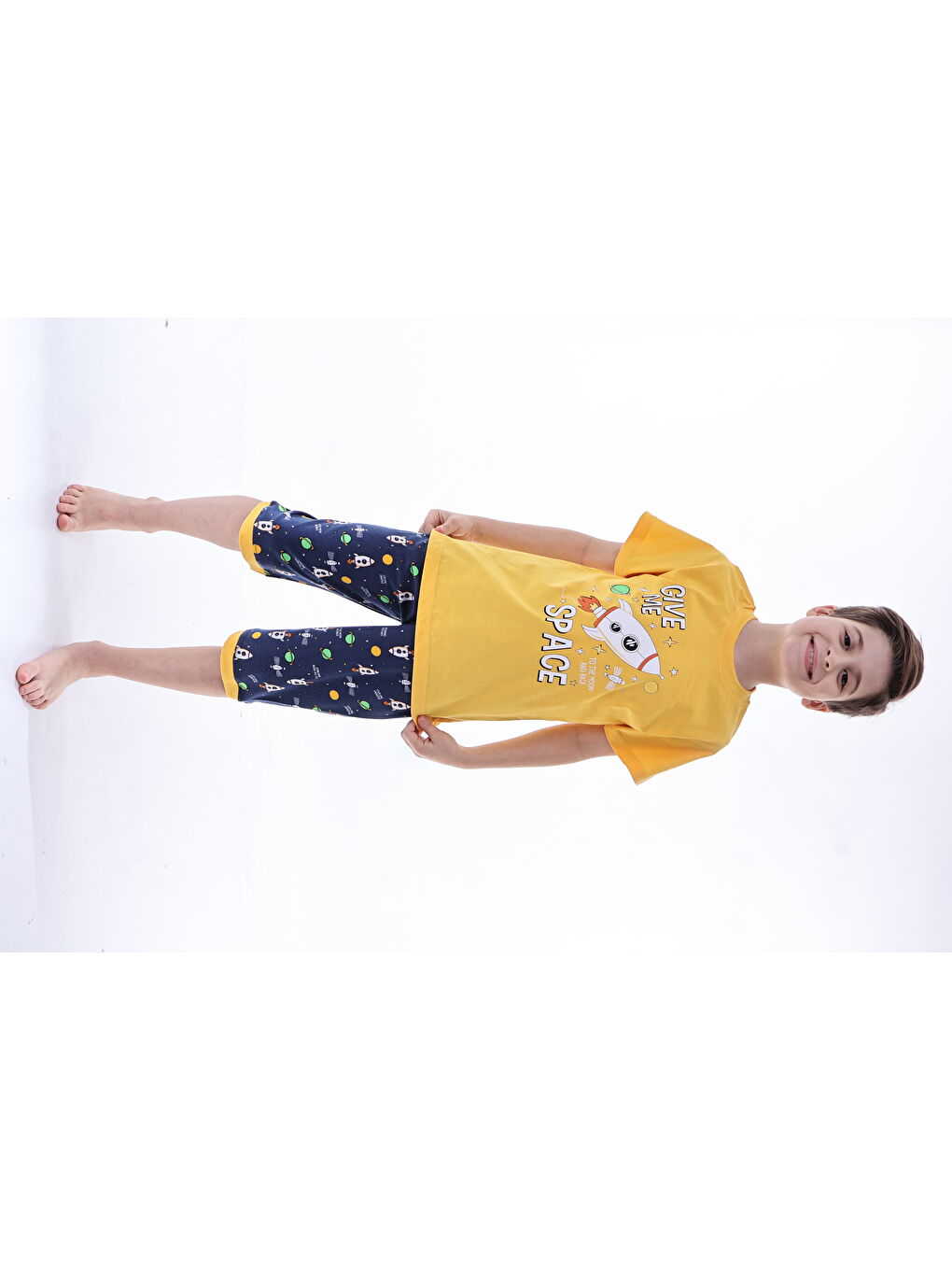 Sarı Erkek Çocuk %100 Doğal Pamuk Kısa Kollu Kaprili Pijama Takımı-2