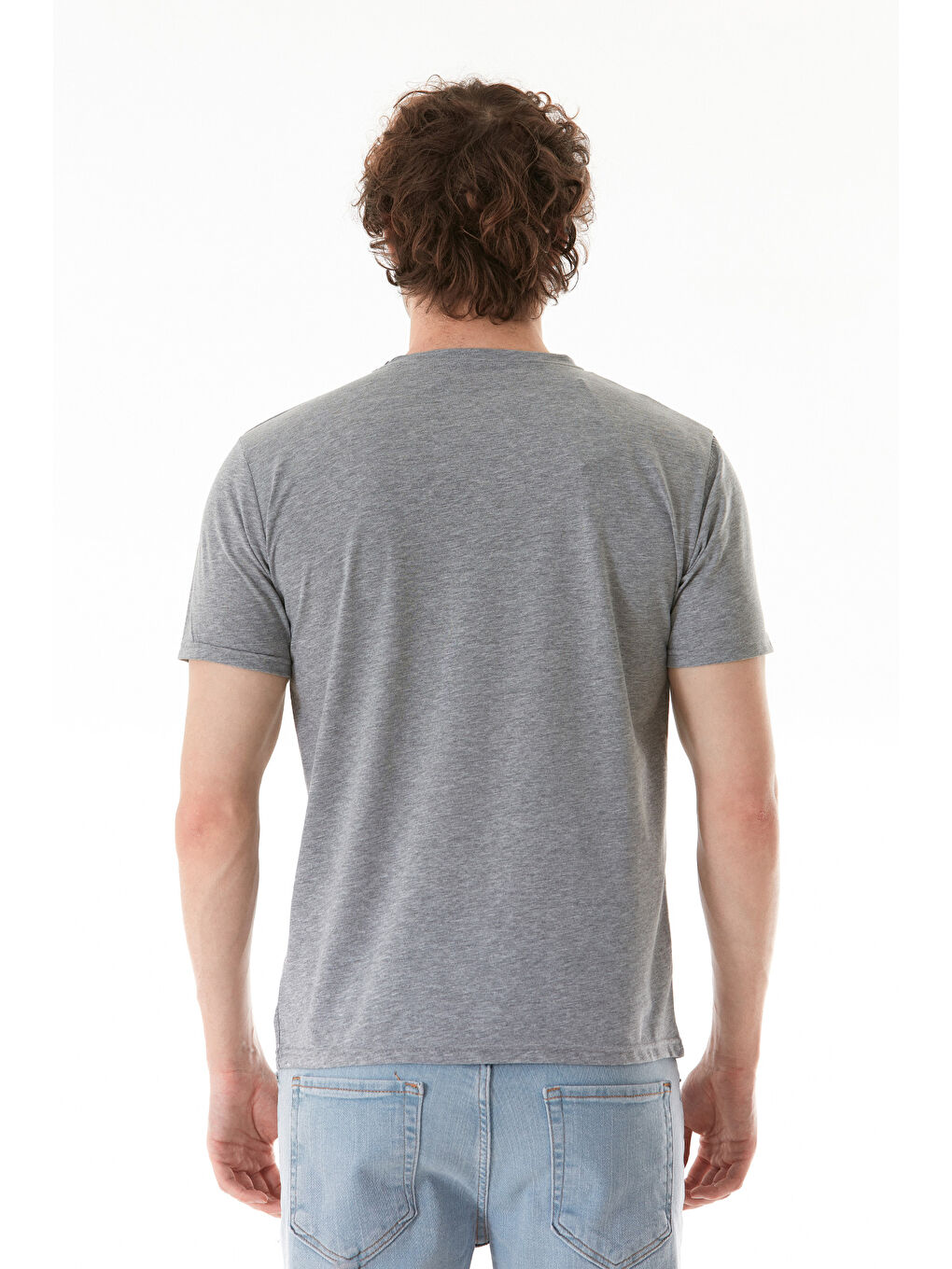 Gri Los Angeles Yazı Baskılı Bisiklet Yaka %100 Pamuk Tişört-3