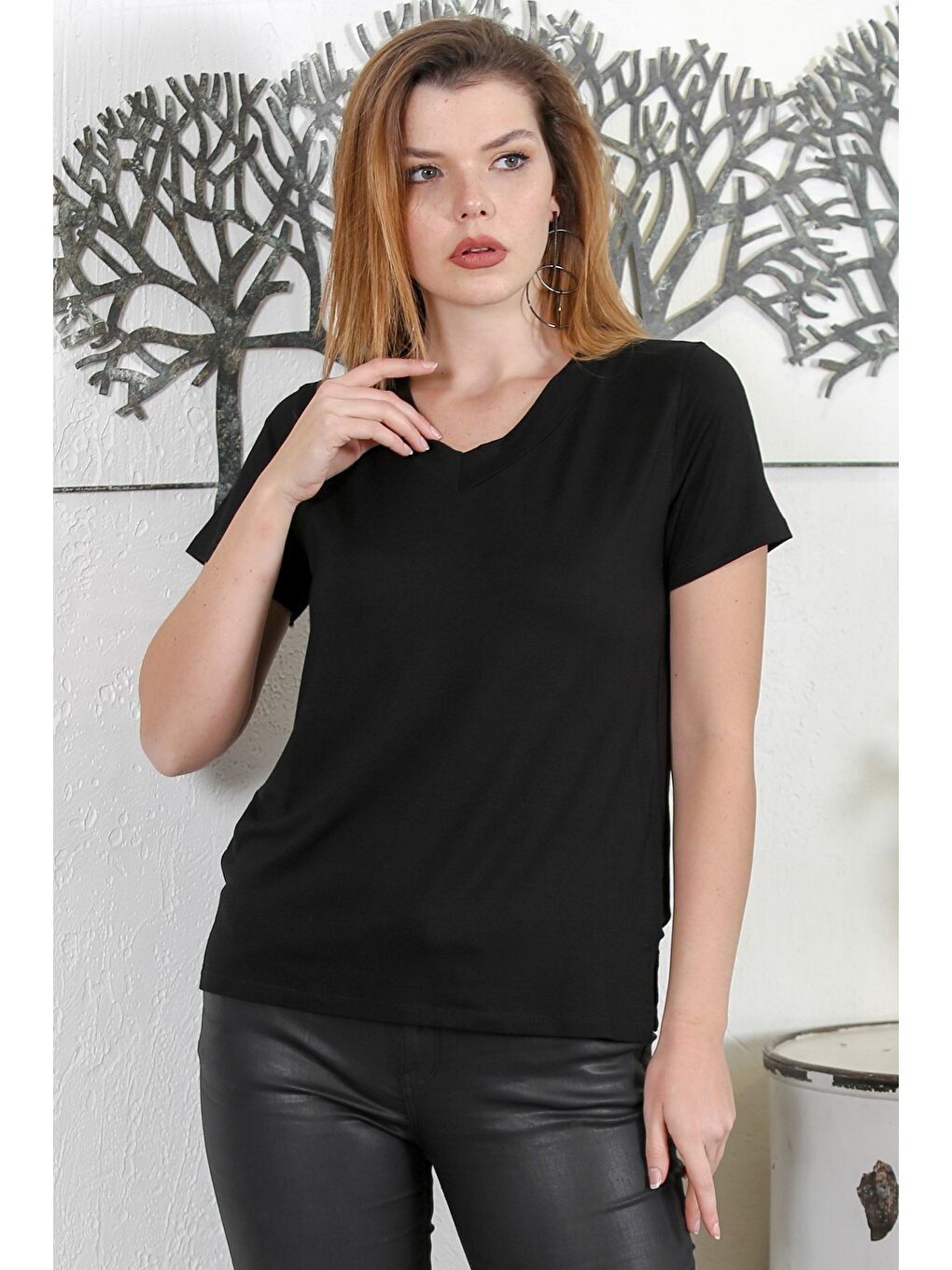 Siyah V Yaka Kısa Kol Örme Casual Bluz-2