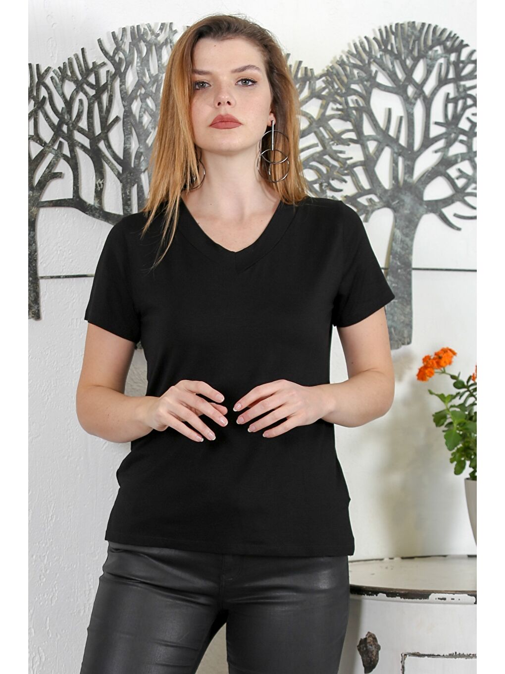 Siyah V Yaka Kısa Kol Örme Casual Bluz-3