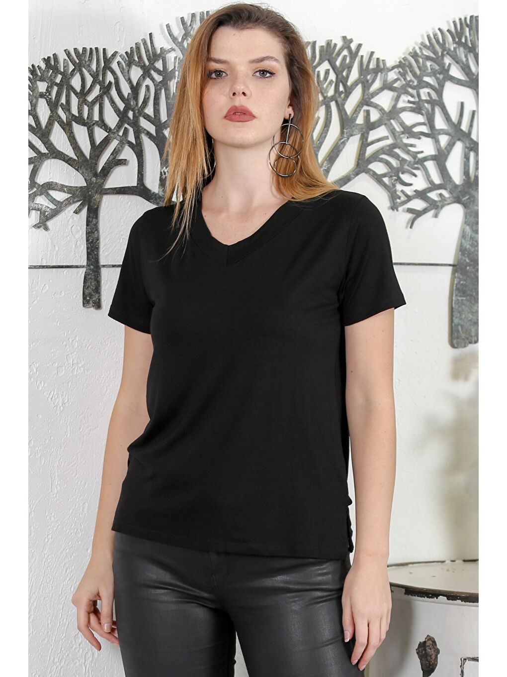 Siyah V Yaka Kısa Kol Örme Casual Bluz-4