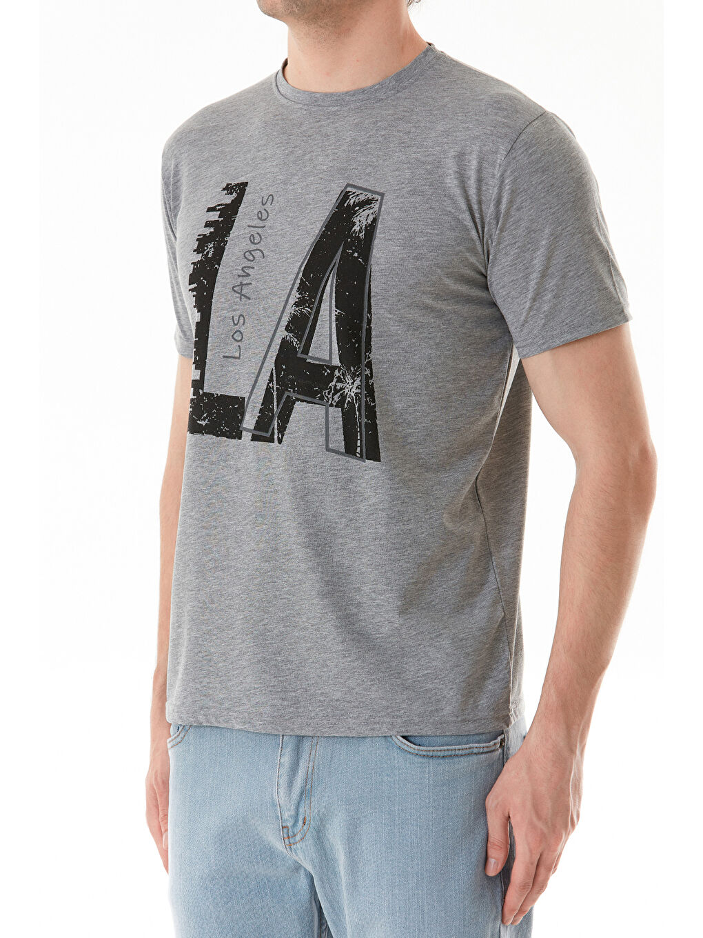 Gri Los Angeles Yazı Baskılı Bisiklet Yaka %100 Pamuk Tişört-4