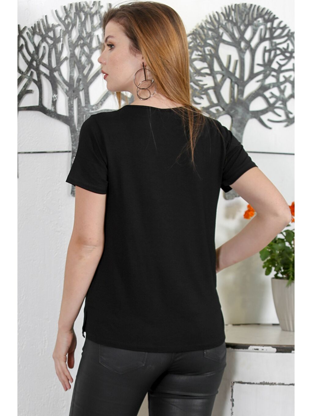 Siyah V Yaka Kısa Kol Örme Casual Bluz-7
