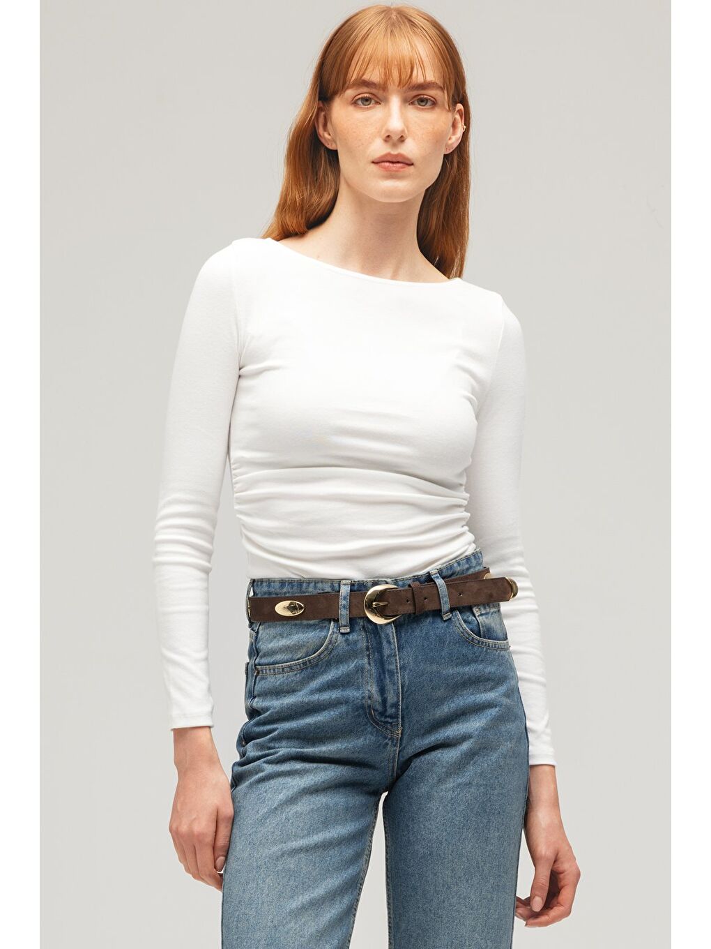 Beyaz Kadın Basic Uzun Kollu Drapeli Bluz-4