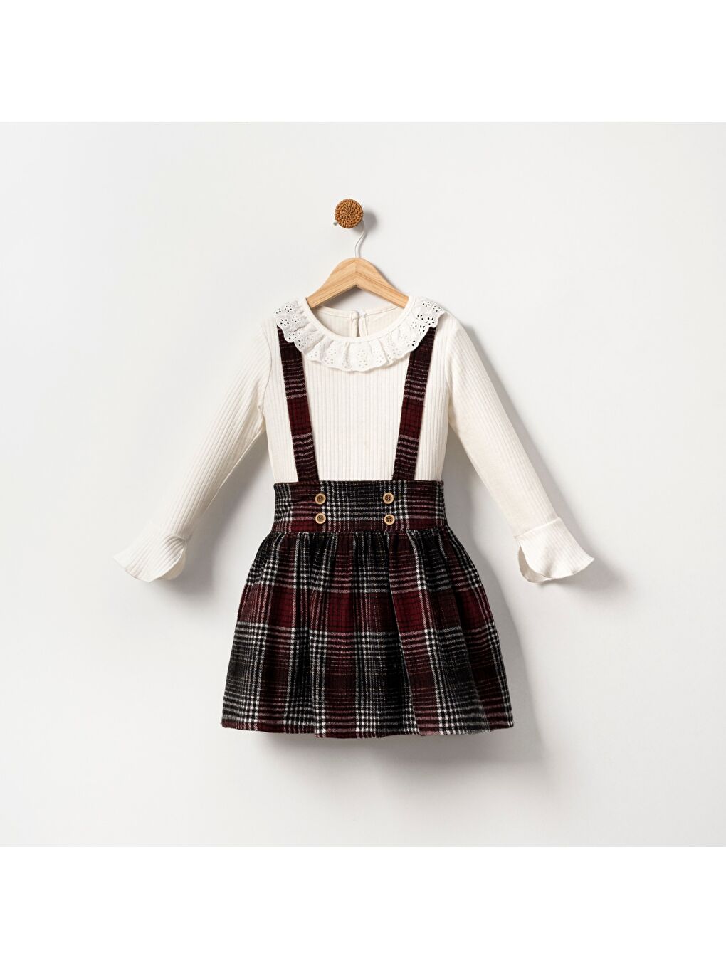 Kırmızı Ekose Desen Kız Çocuk Salopet Etekli Badili Takım MNK2148-1