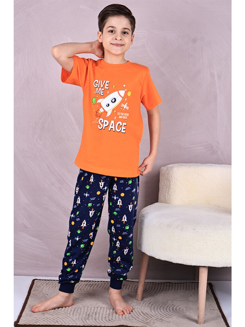 Turuncu Erkek Çocuk %100 Doğal Pamuk Kısa Kollu Pijama Takımı-1