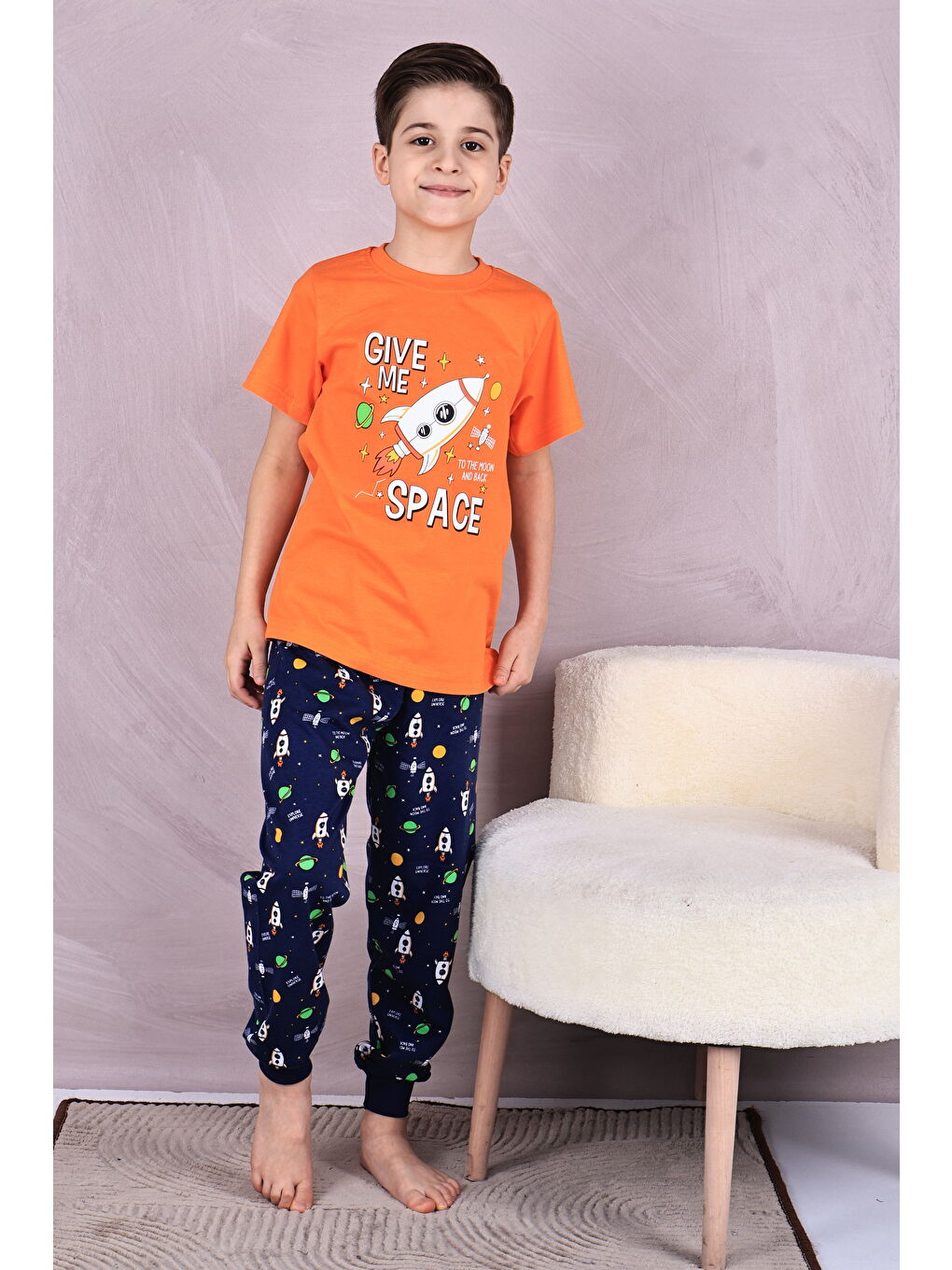 Turuncu Erkek Çocuk %100 Doğal Pamuk Kısa Kollu Pijama Takımı-2