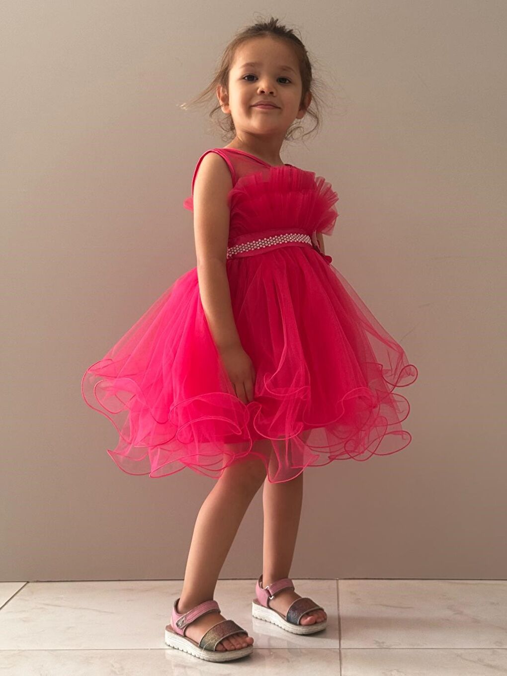 Fuşya Kız Çocuk Tütülü Vena Elbise MNK285-4
