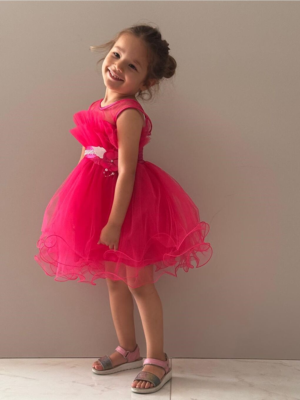 Fuşya Kız Çocuk Tütülü Vena Elbise MNK285-5