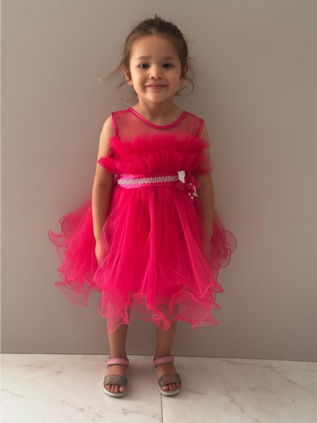 Fuşya Kız Çocuk Tütülü Vena Elbise MNK285-6