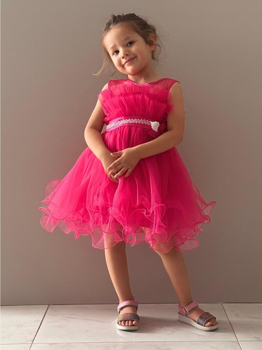 Fuşya Kız Çocuk Tütülü Vena Elbise MNK285-7