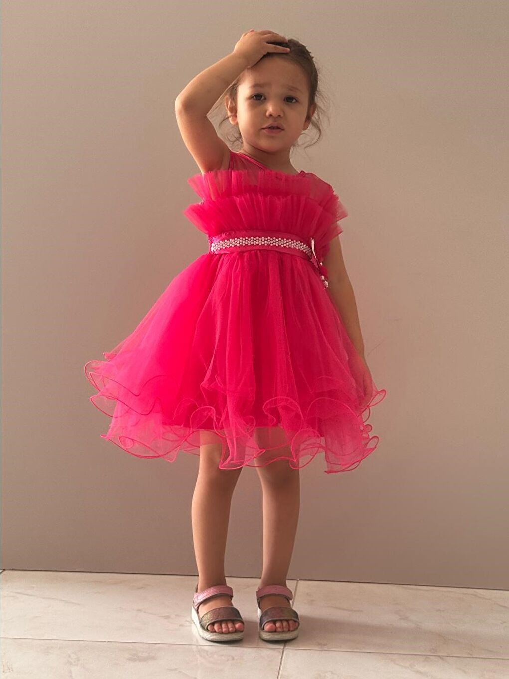 Fuşya Kız Çocuk Tütülü Vena Elbise MNK285-8