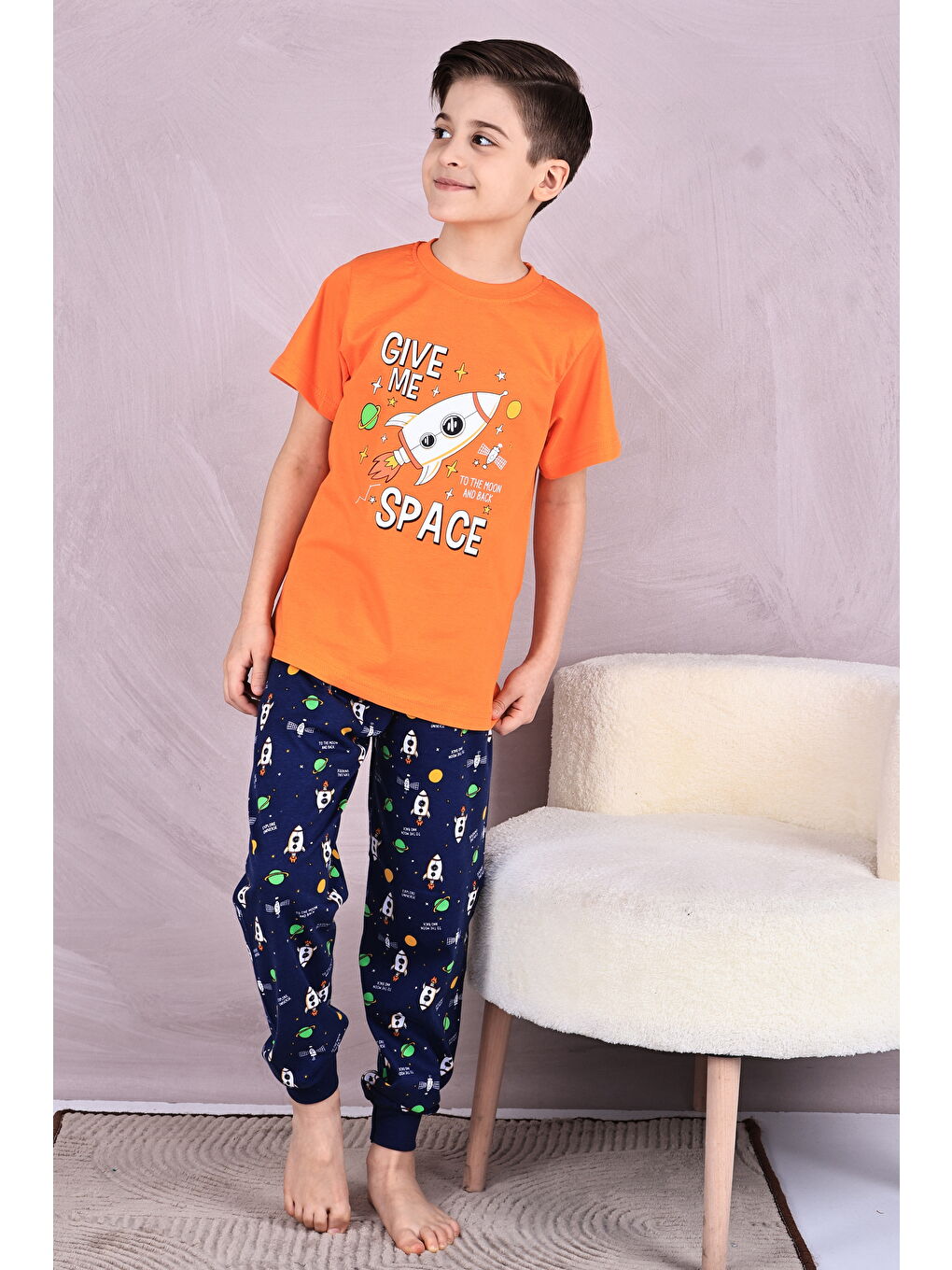 Turuncu Erkek Çocuk %100 Doğal Pamuk Kısa Kollu Pijama Takımı-3