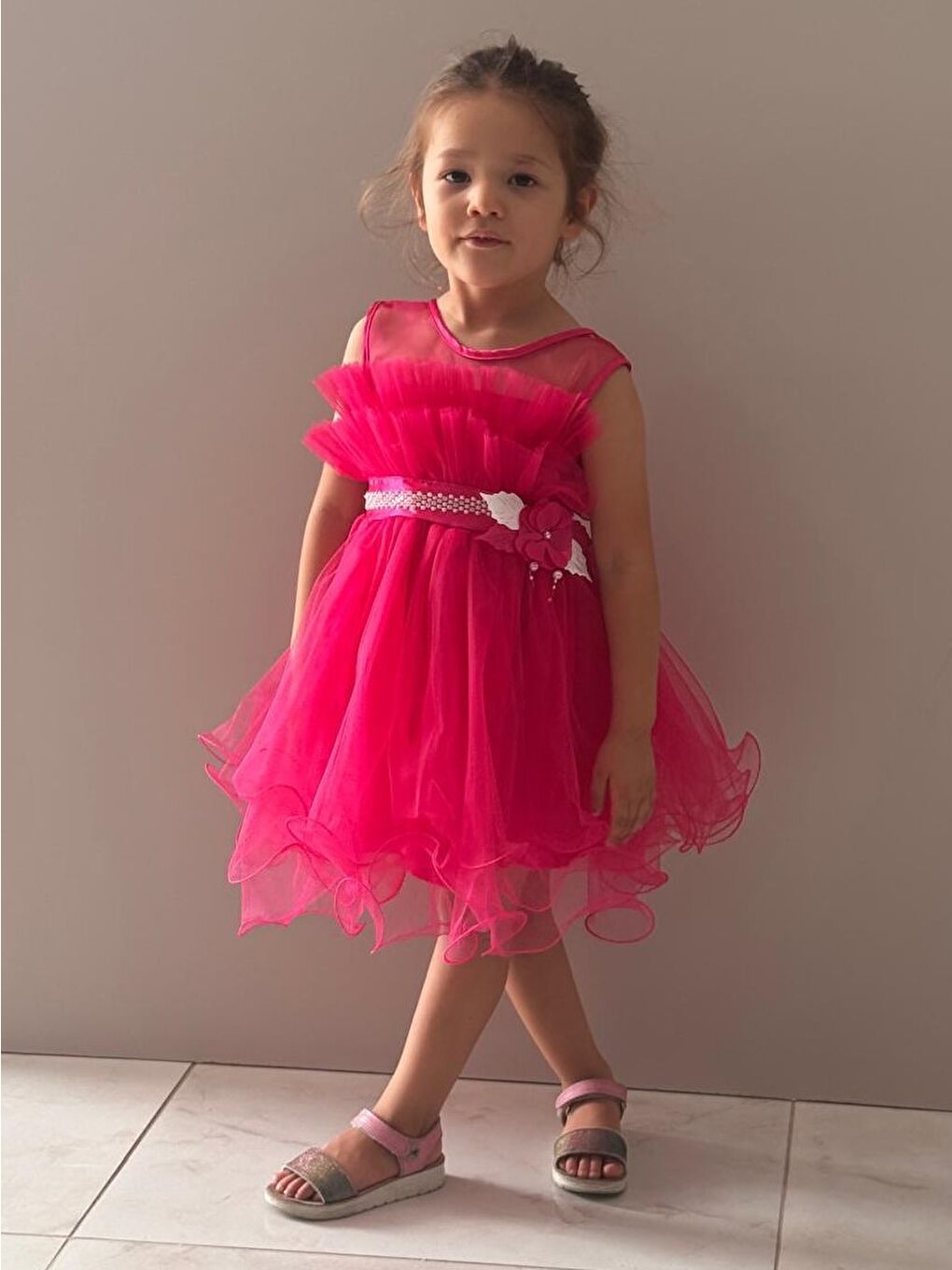 Fuşya Kız Çocuk Tütülü Vena Elbise MNK285-9