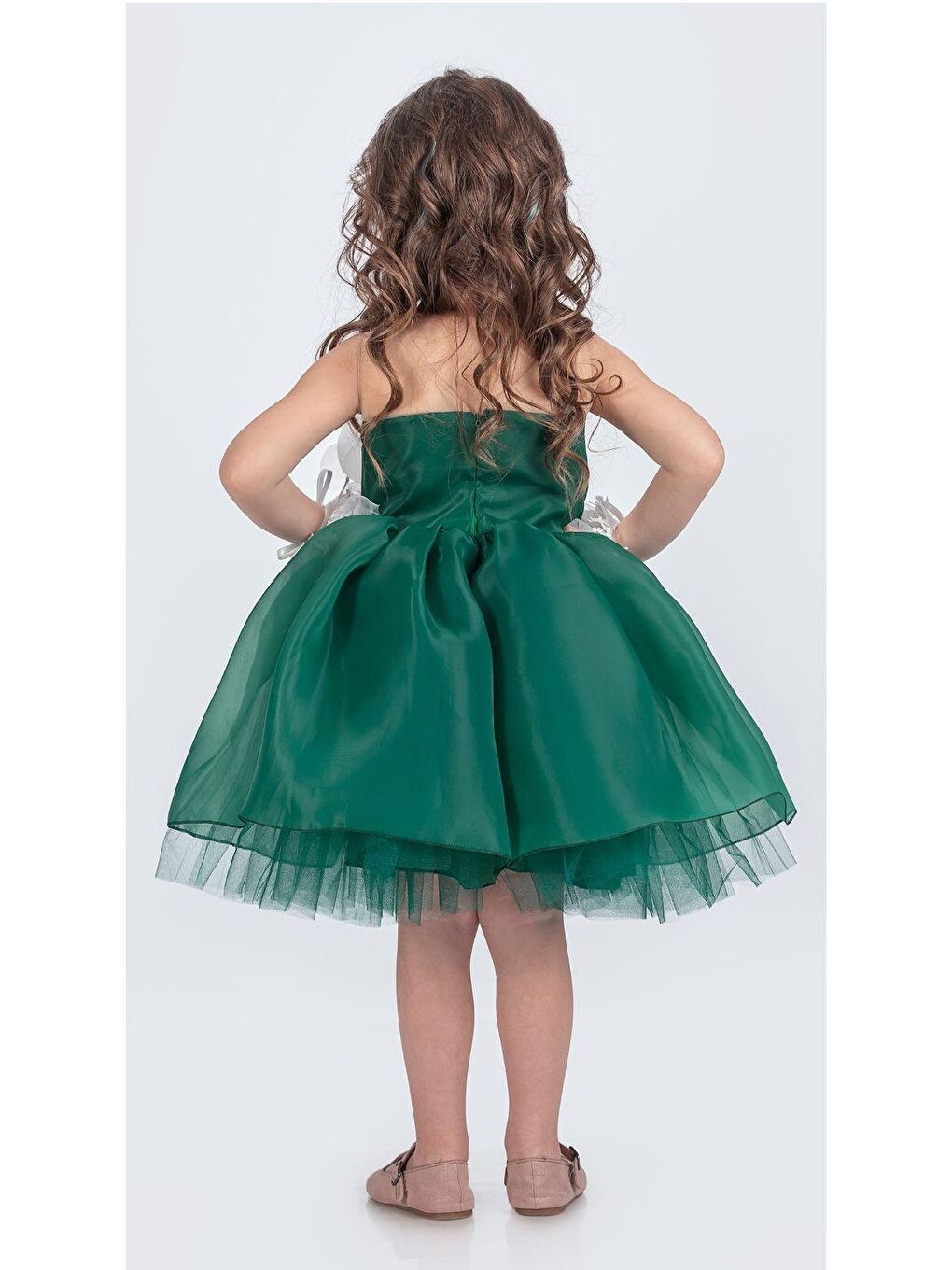 Yeşil Karolin Robası Çiçekli Bilekli Aksesuarlı Kız Çocuk Abiye Elbise M00724-6