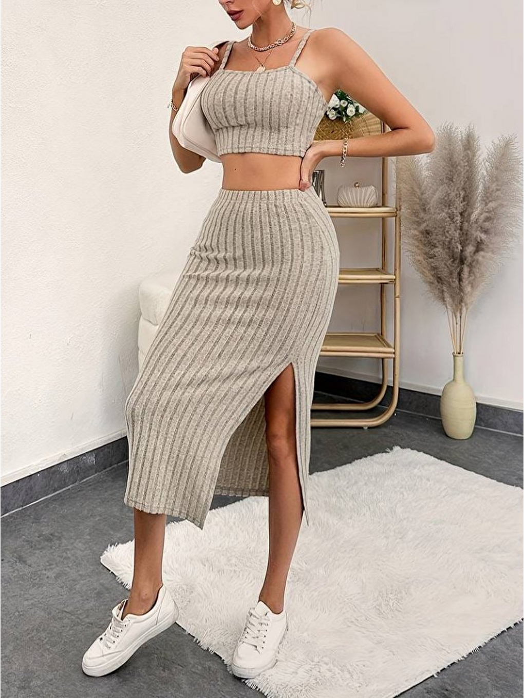 Bej Kadın Kolsuz Askılı Crop Yırtmaçlı Midi Etek Fitilli Kaşkorse Takım-1