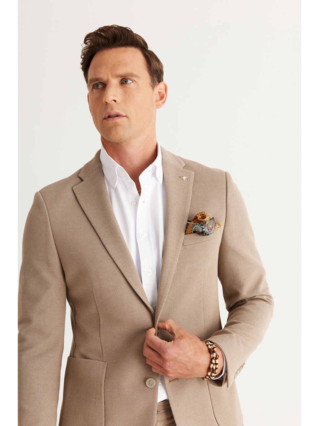 Erkek Bej Slim Fit Dar Kesim Mono Yaka Pamuklu Örme Ceket-2