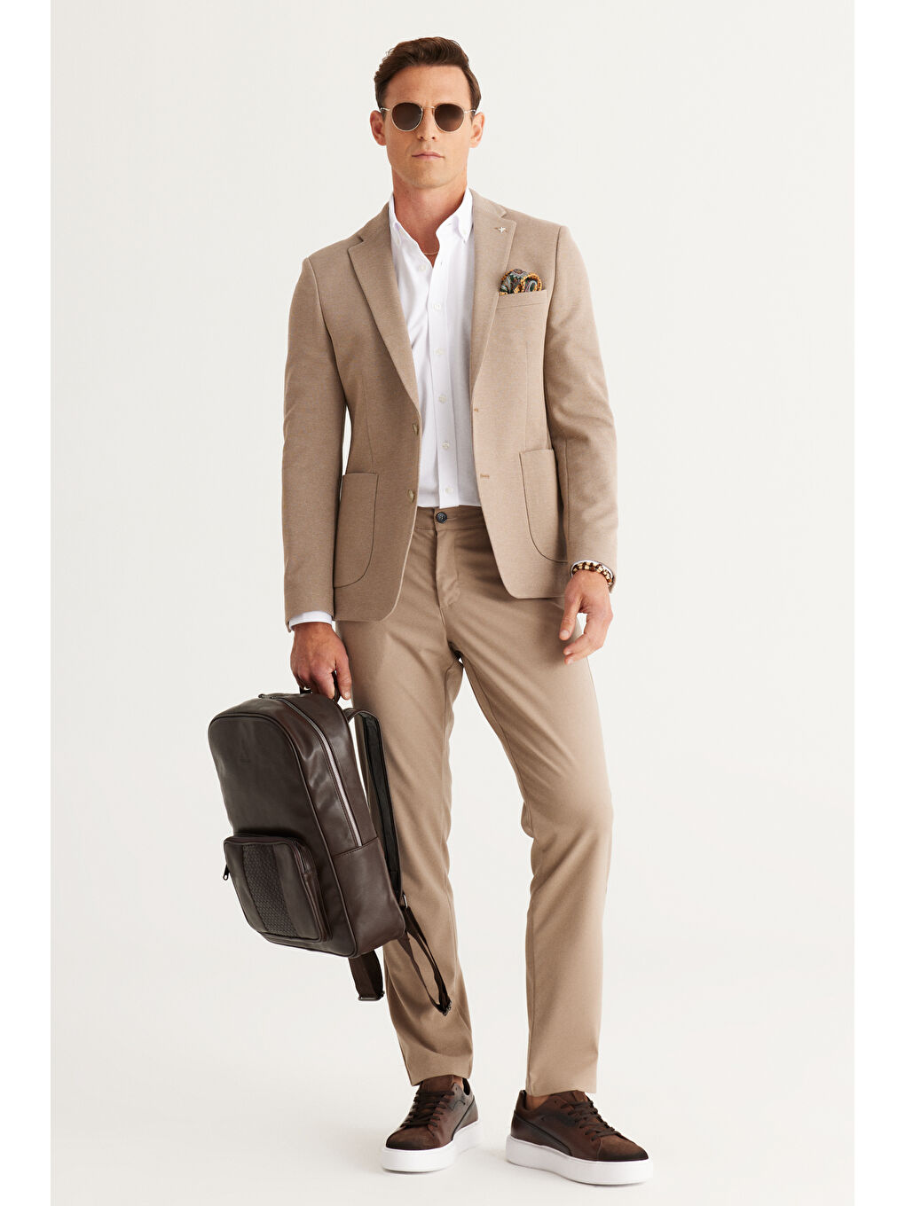 Erkek Bej Slim Fit Dar Kesim Mono Yaka Pamuklu Örme Ceket-4