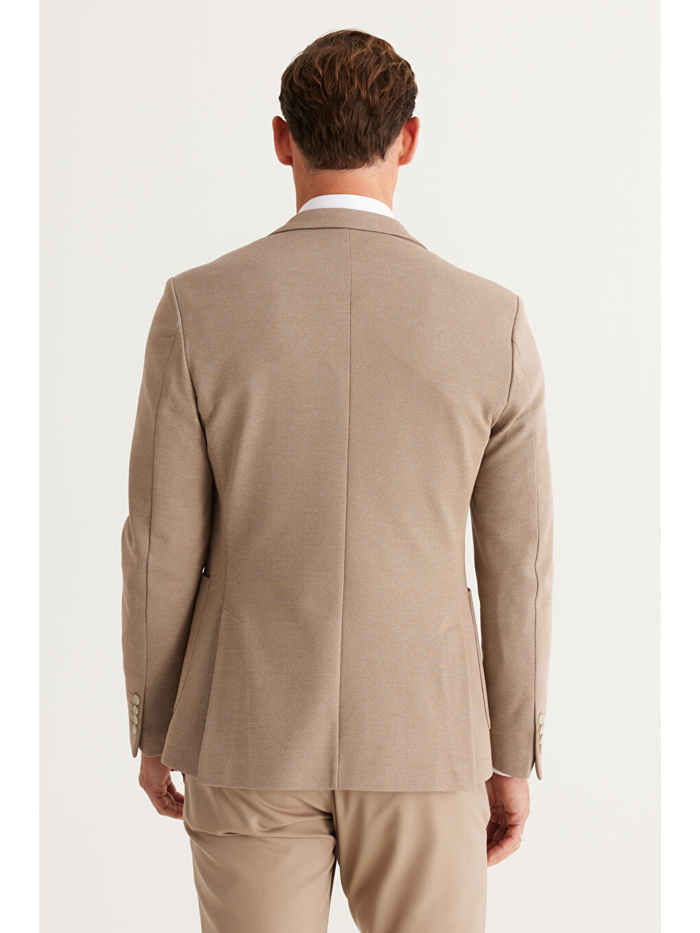 Erkek Bej Slim Fit Dar Kesim Mono Yaka Pamuklu Örme Ceket-5