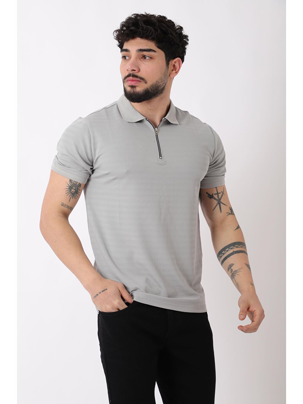 Gri Desenli Yakalı Yarım Fermuar Erkek Tişört JS C-1032_30421
