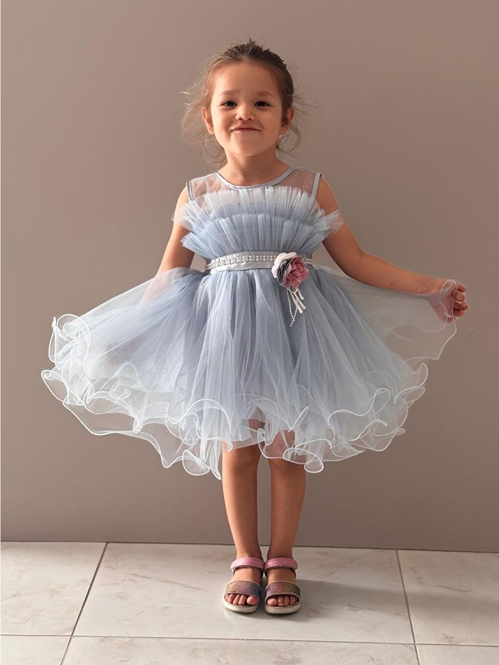 Mavi Kız Çocuk Tütülü Vena Elbise MNK285-3