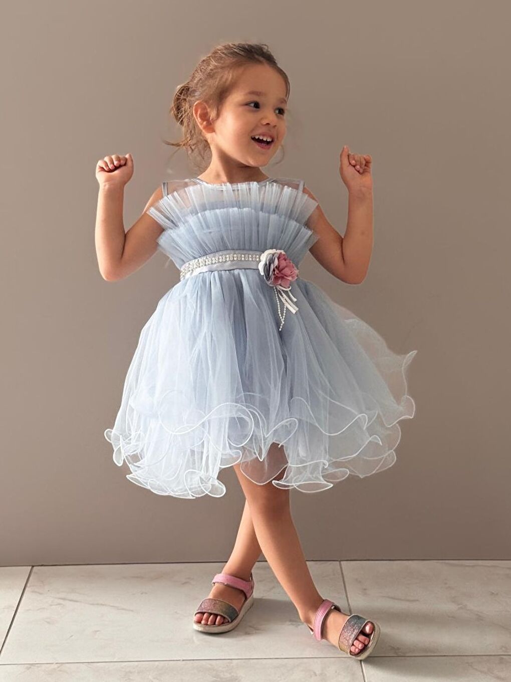 Mavi Kız Çocuk Tütülü Vena Elbise MNK285-4