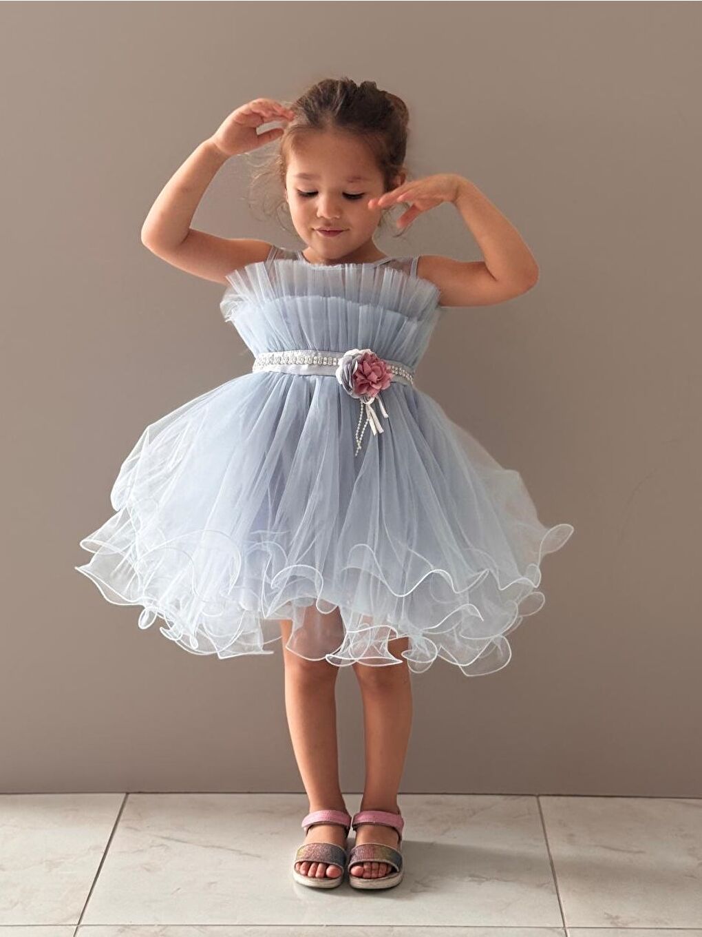 Mavi Kız Çocuk Tütülü Vena Elbise MNK285-6