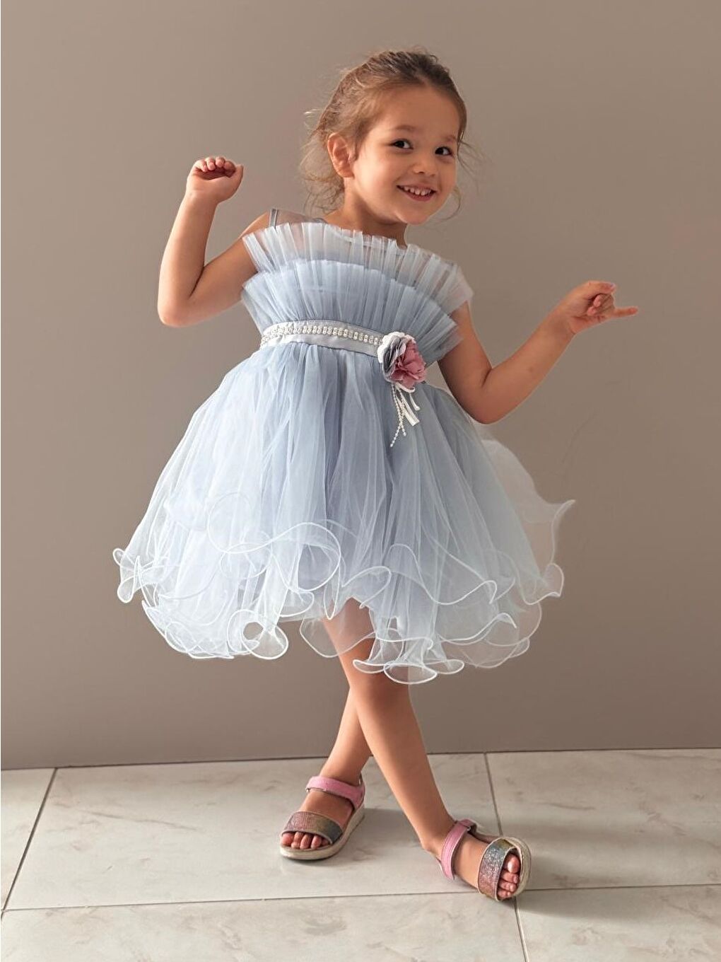 Mavi Kız Çocuk Tütülü Vena Elbise MNK285-7