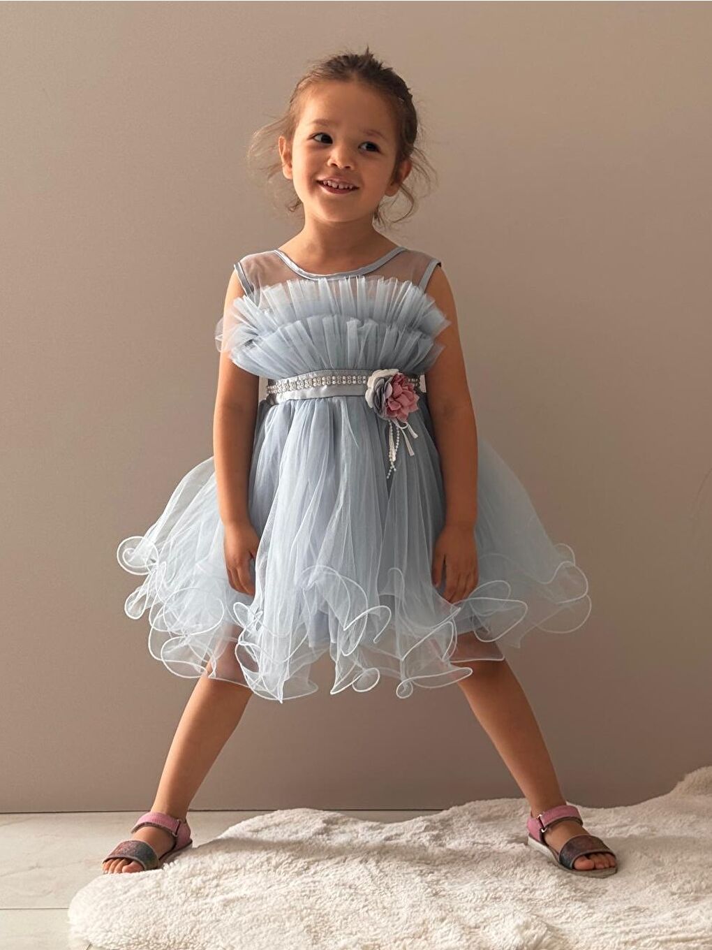 Mavi Kız Çocuk Tütülü Vena Elbise MNK285-9