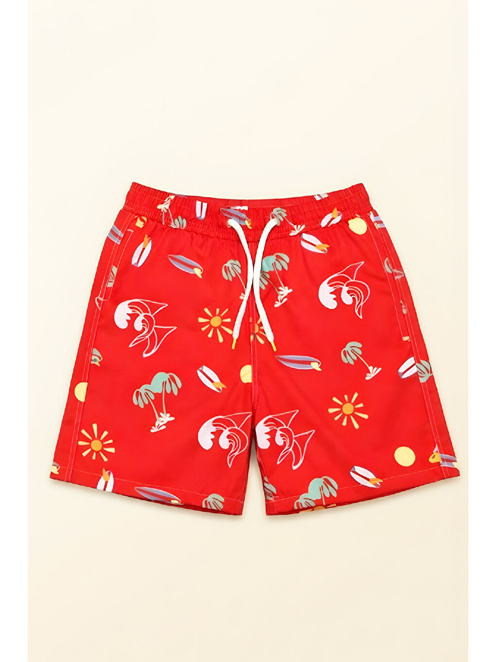 Kırmızı Erkek Çocuk Fermuar Cepli ve Desenli Deniz&Havuz Şortu 4-15 Yaş 12613B-1