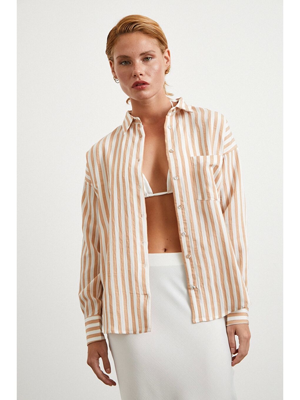 Kahverengi Multi Çizgili Cepli Gömlek Camel