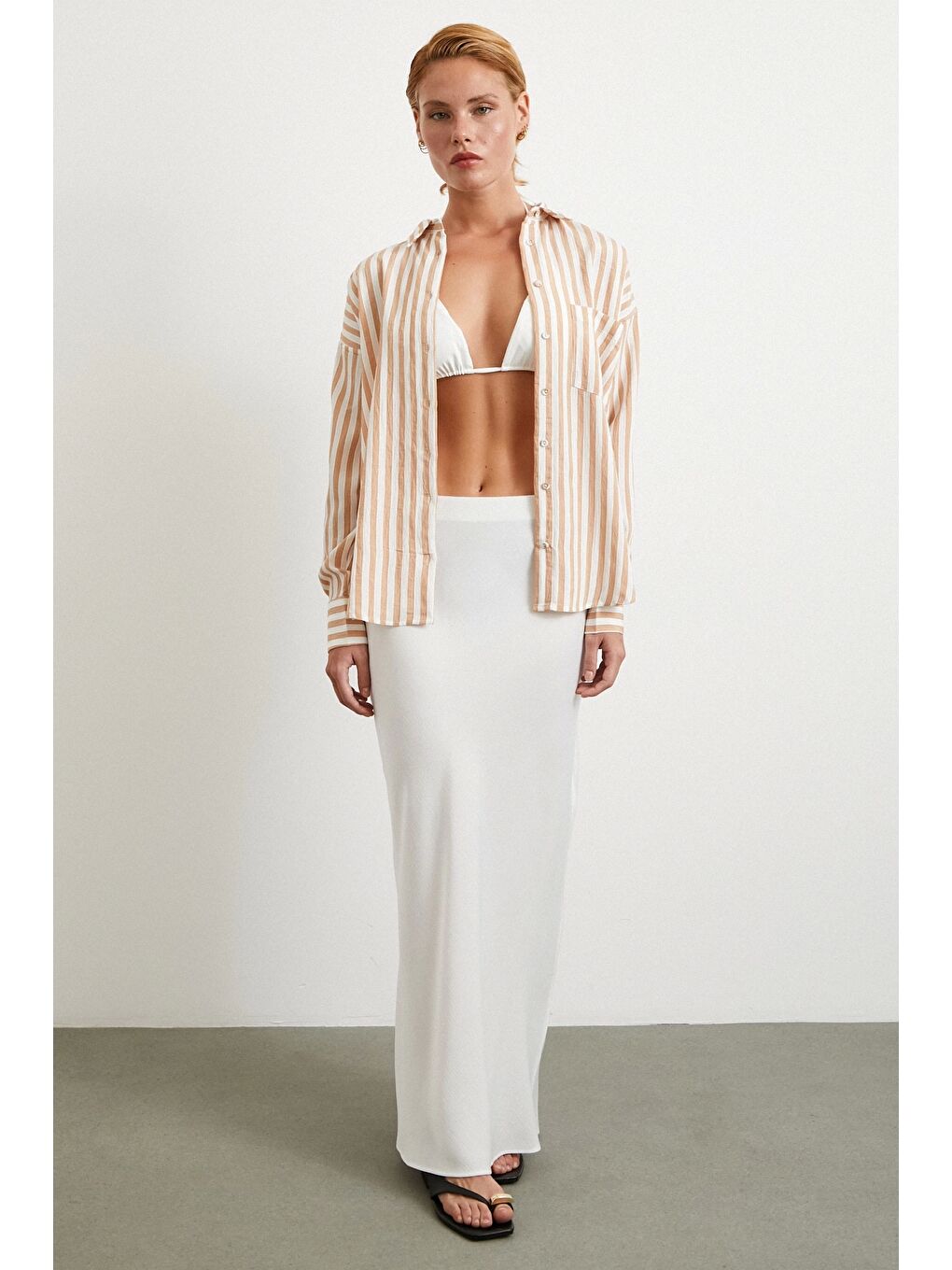 Kahverengi Multi Çizgili Cepli Gömlek Camel-1