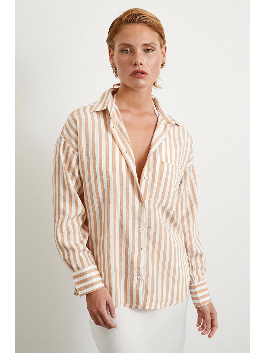 Kahverengi Multi Çizgili Cepli Gömlek Camel-2