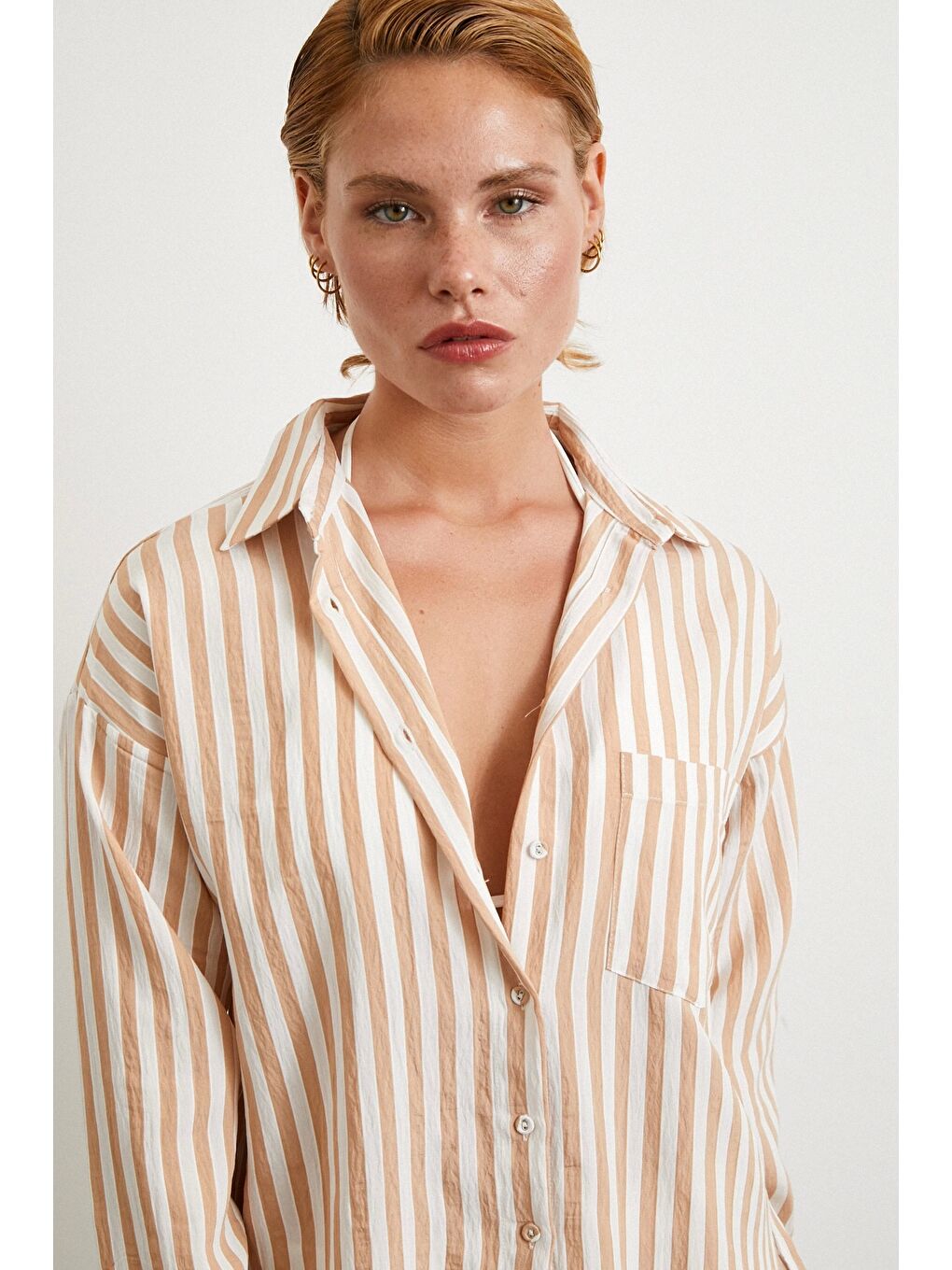 Kahverengi Multi Çizgili Cepli Gömlek Camel-3