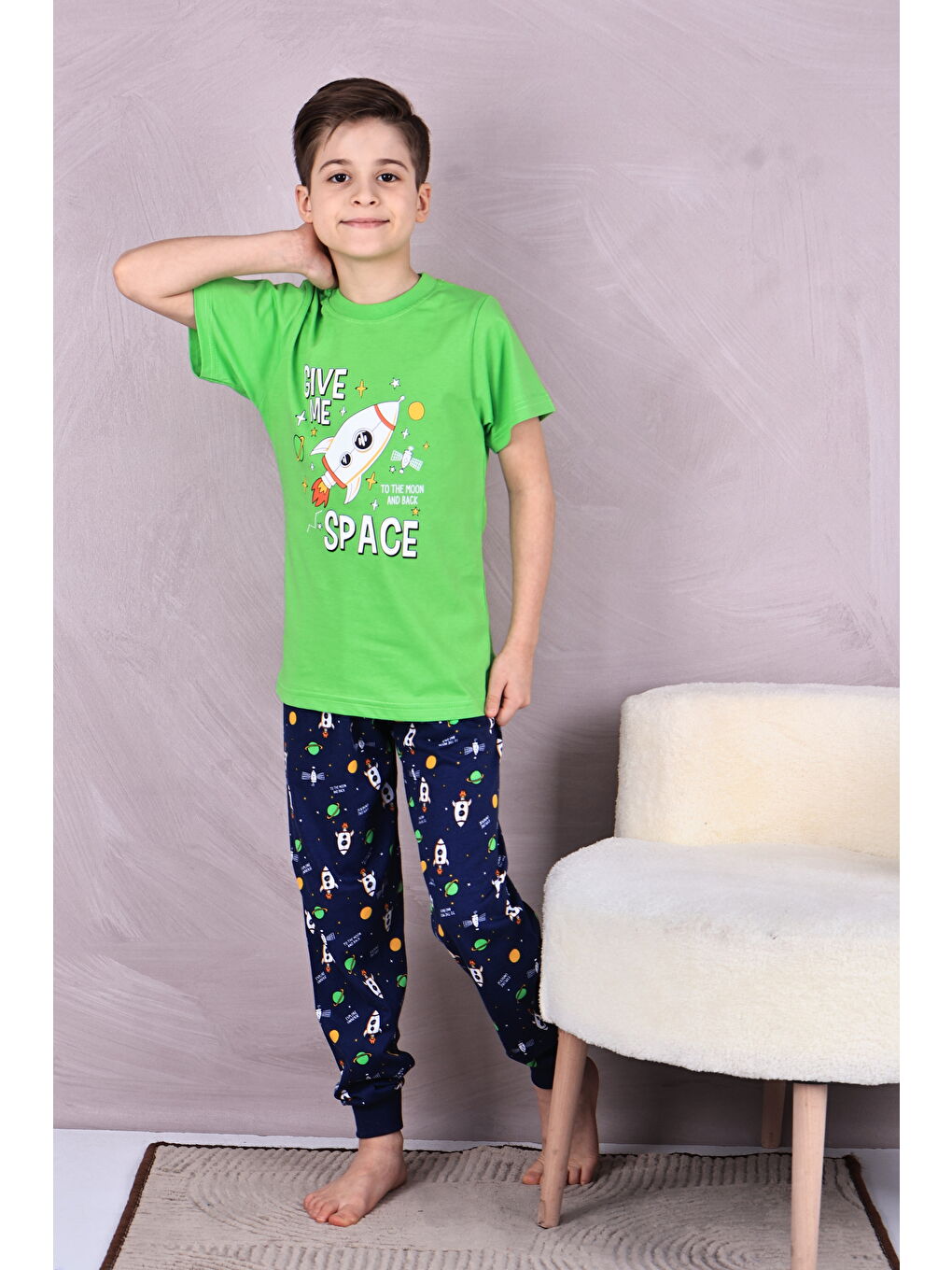 Yeşil Erkek Çocuk %100 Doğal Pamuk Kısa Kollu Pijama Takımı-1