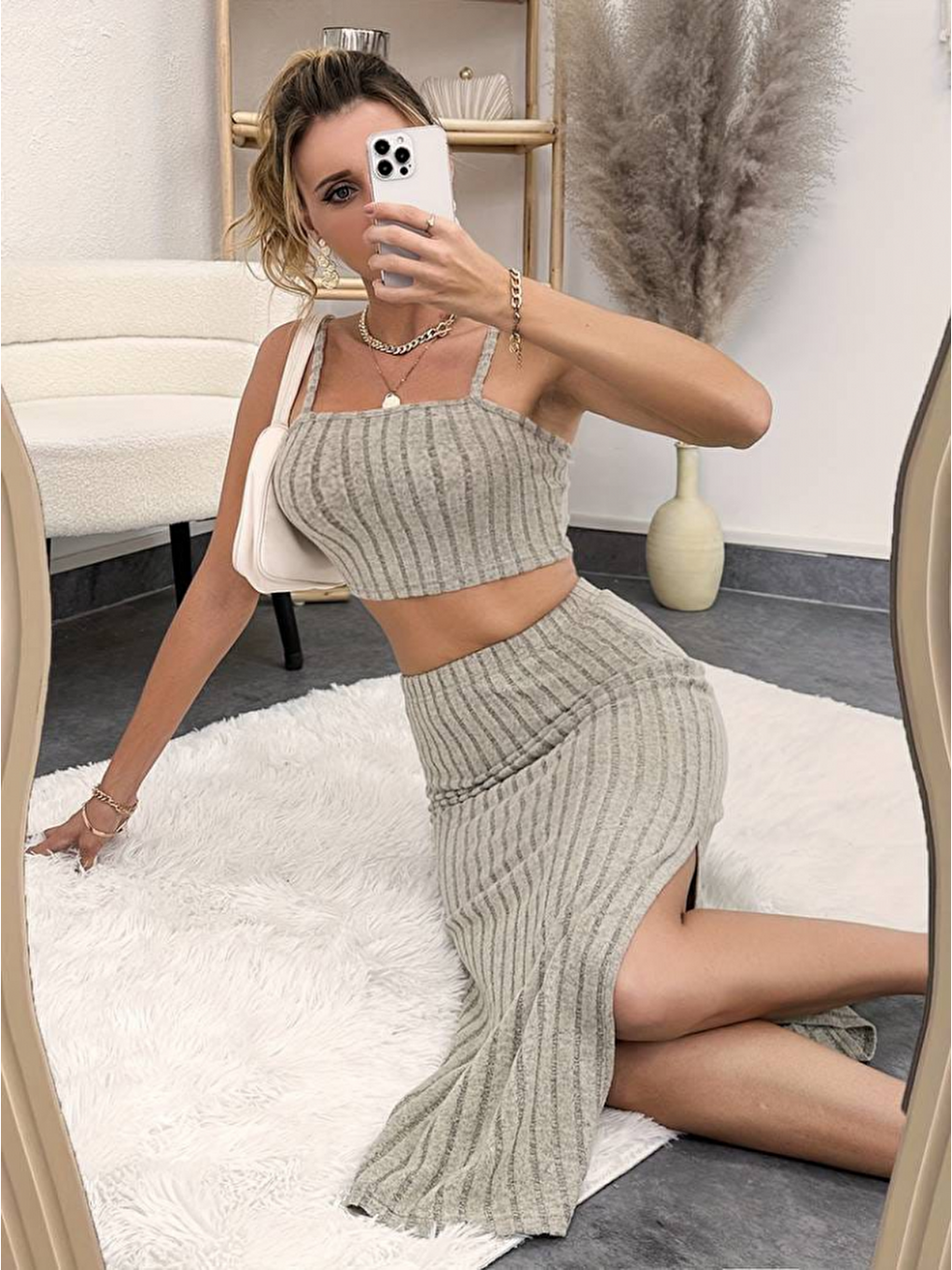 Bej Kadın Kolsuz Askılı Crop Yırtmaçlı Midi Etek Fitilli Kaşkorse Takım-2