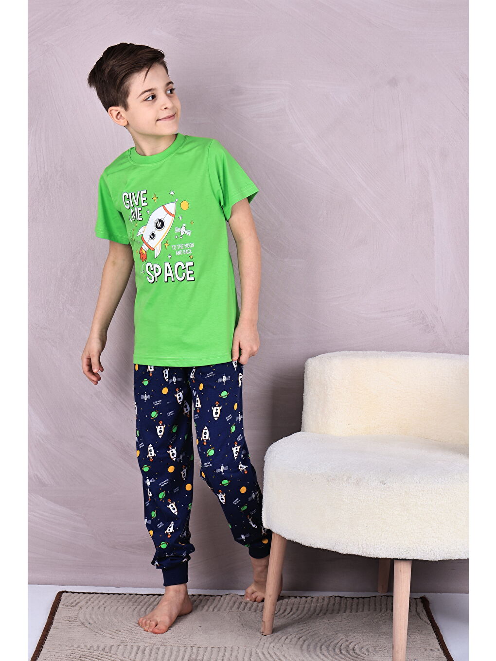 Yeşil Erkek Çocuk %100 Doğal Pamuk Kısa Kollu Pijama Takımı-2